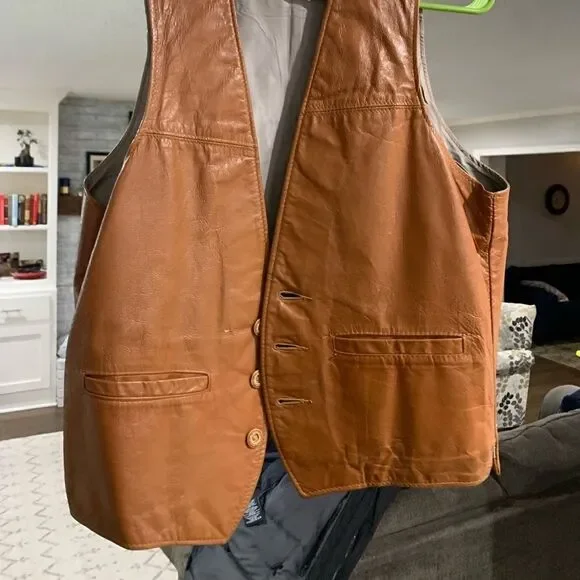 Vtg Schott NYC Caramel Brown Leather Button Up Vest Sz Med Made in USA